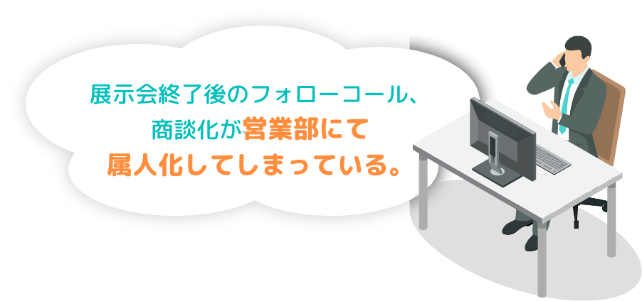 展示会終了後のフォローコール、商談化が営業部にて属人化してしまっている。