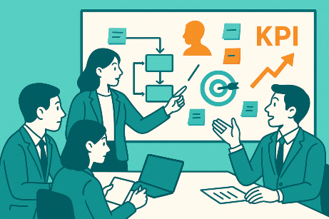 展示会に向けて会議をする人達