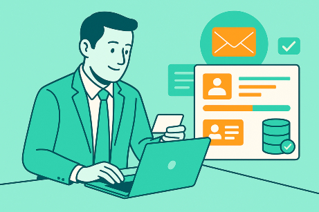 展示会で獲得した名刺をデータベース化している男性