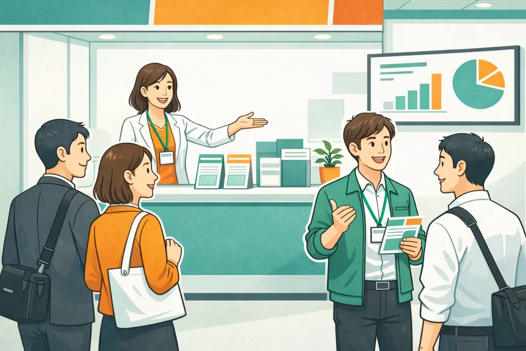 展示会で声かけと呼び込みをしている男女