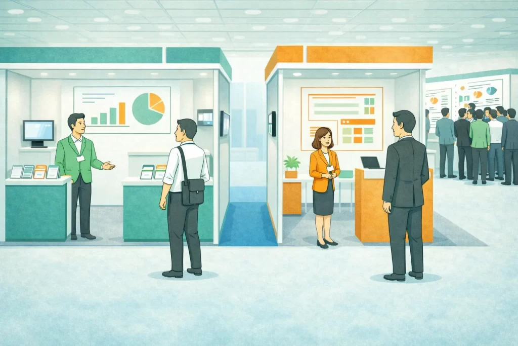 展示会の声かけ呼び込みに苦戦している男女