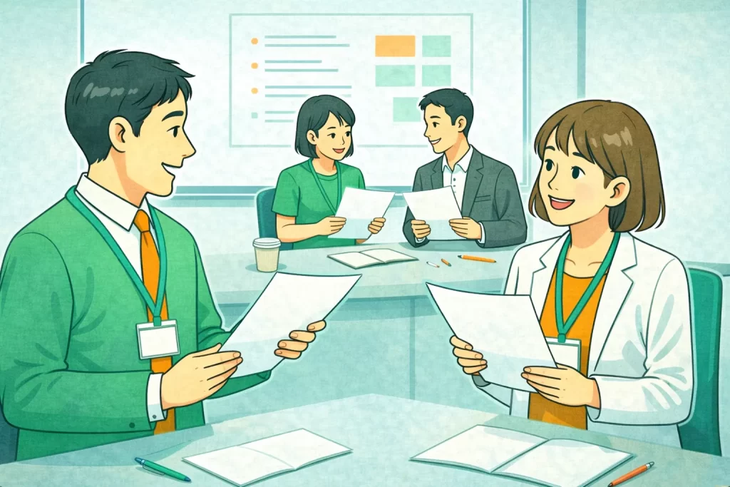 会議室で展示会の声かけ 呼び込みのロープレをしている社員