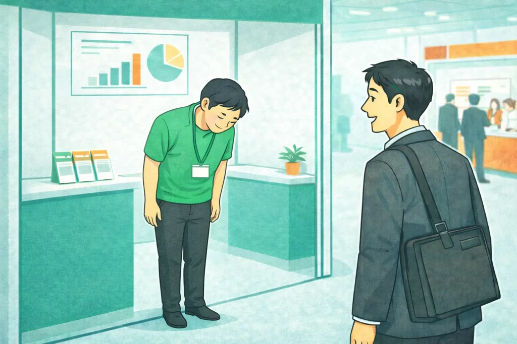 展示会で目が合った来場者に会釈するブーススタッフ