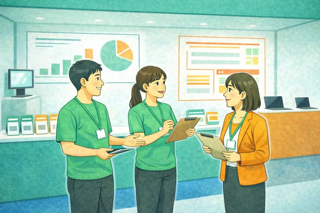 展示会の声かけ呼び込みの最終チェックをしている様子