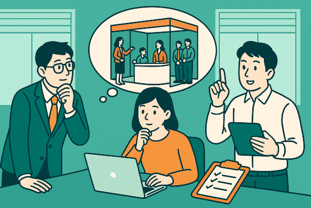 展示会スタッフが打ち合わせしているイラスト