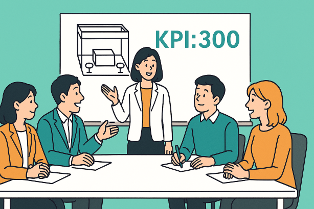 展示会スタッフが会議している様子のイラスト