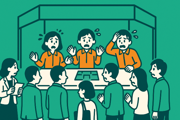 展示会スタッフが慌てている様子のイラスト