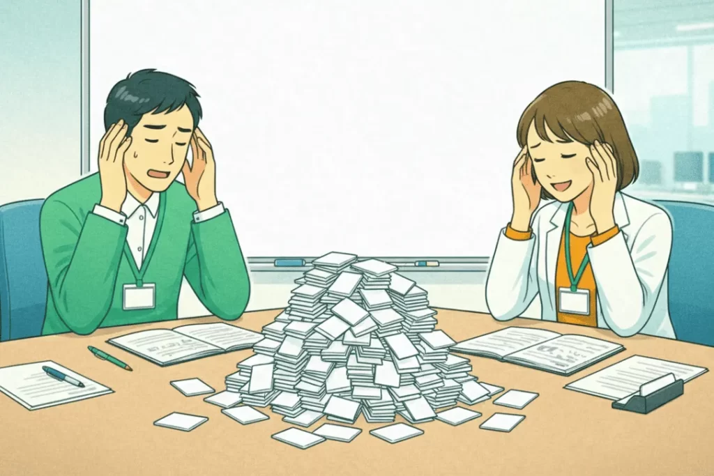 展示会運営後の名刺整理で困っている男女