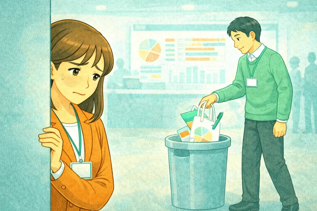 展示会ノベルティを捨てられて悲しんでいる女性