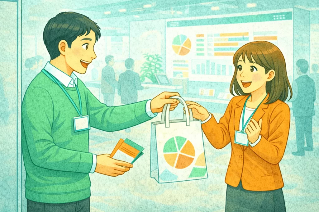 展示会ノベルティをもらって喜んでいる女性