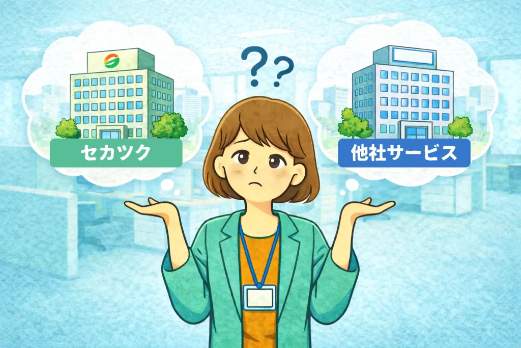 セカツクと他社サービスを比較して悩んでいる女性社員
