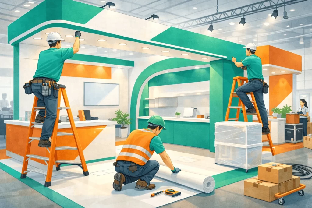 展示会施工会社がブースを設営している様子