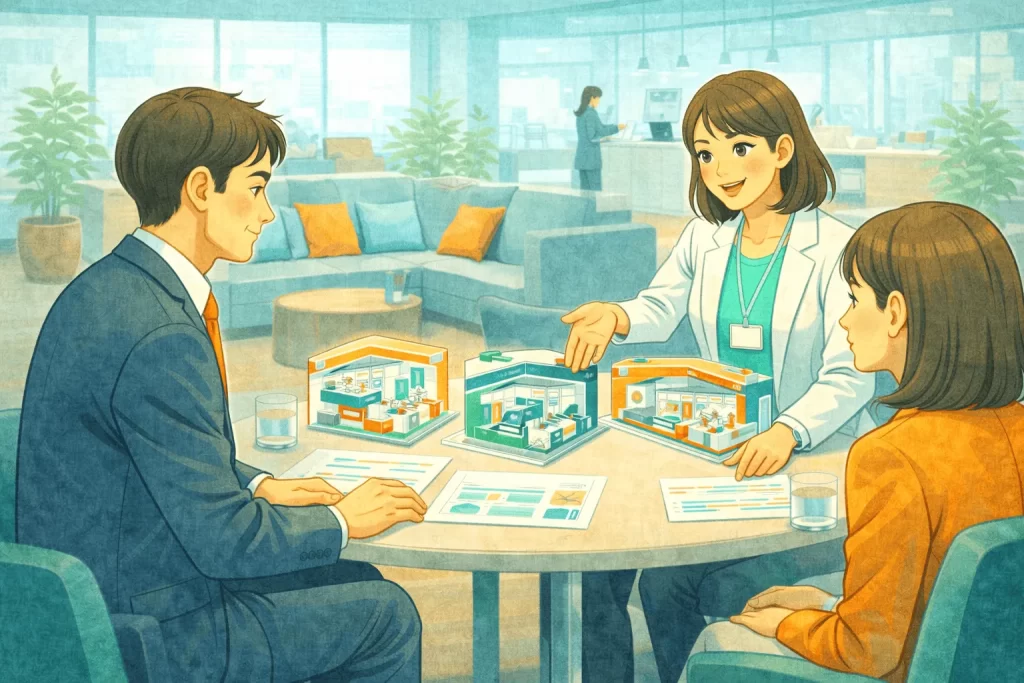 3D模型を使って説明する展示会施工会社社員