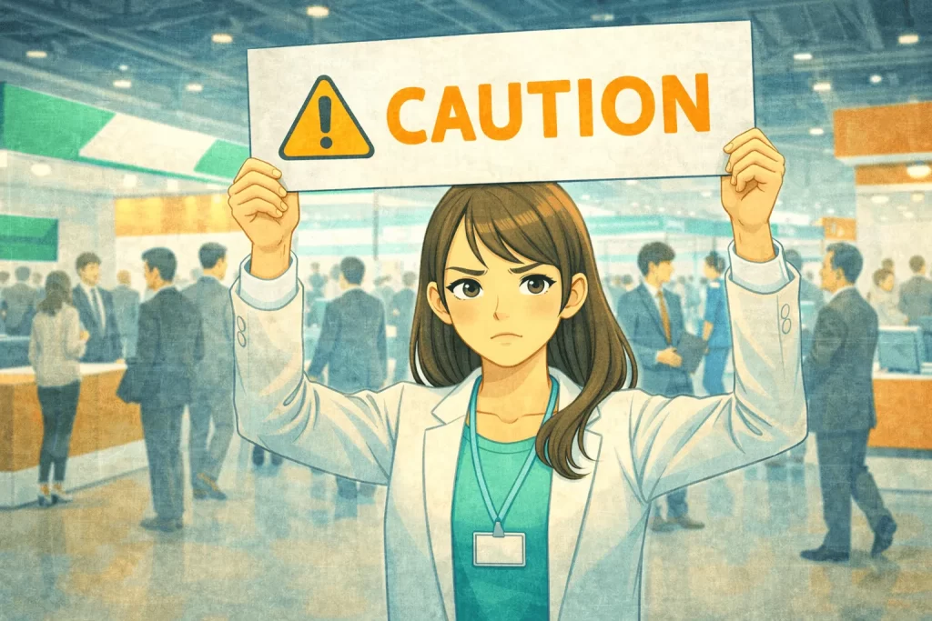 展示会施工会社選びの注意喚起をしている女性