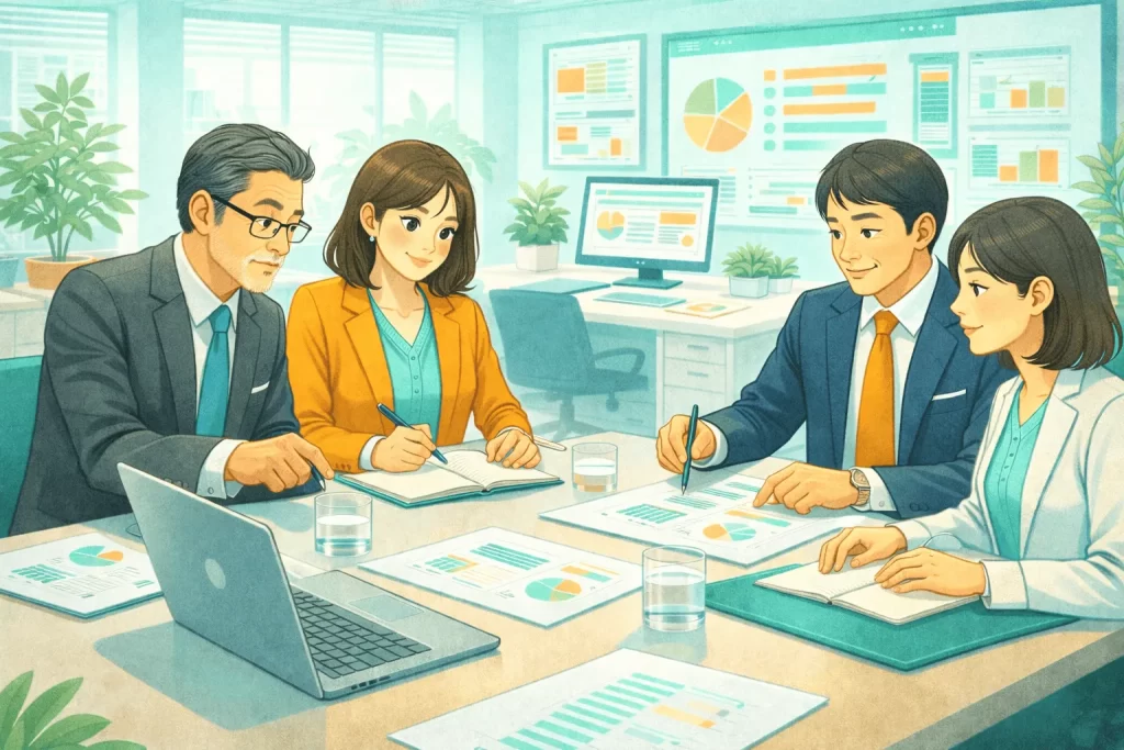 営業代行 成果報酬 相場の最新データをチェックしている男女