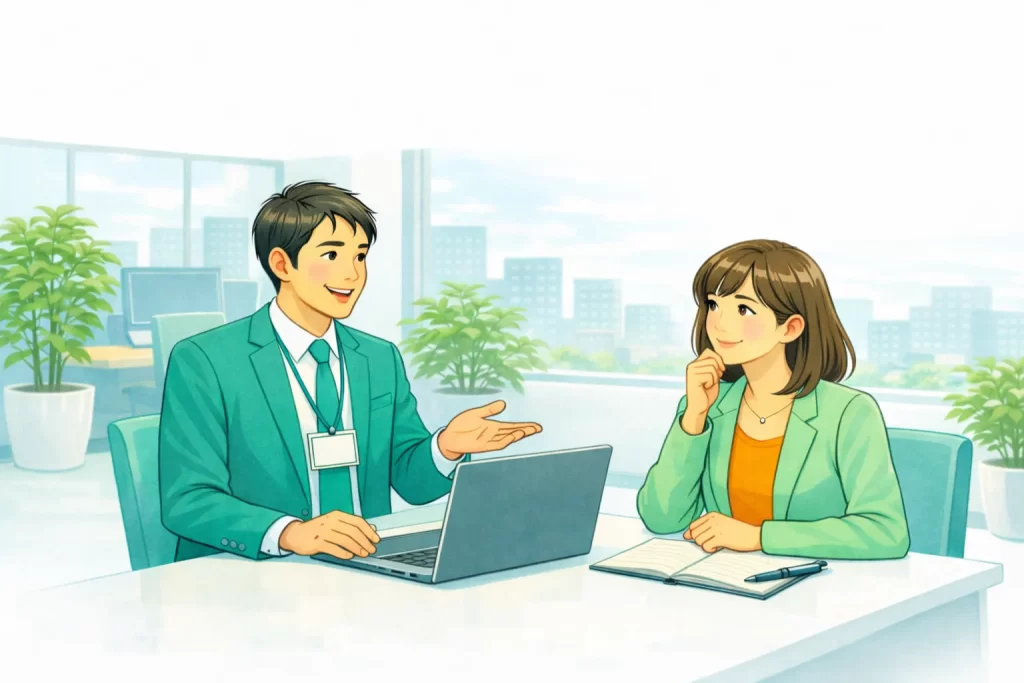 営業代行の導入前に抑えるべき前提を説明する男性社員と説明を聞く女性社員