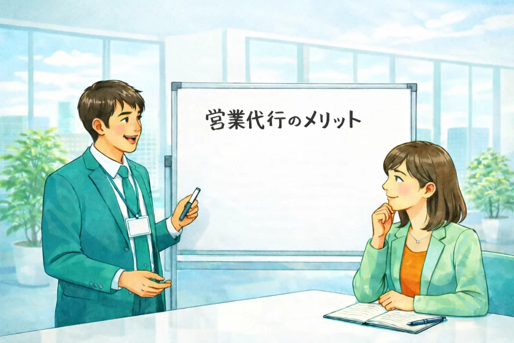営業代行を導入するメリットをプレゼンする男性社員とプレゼンを受ける女性社員