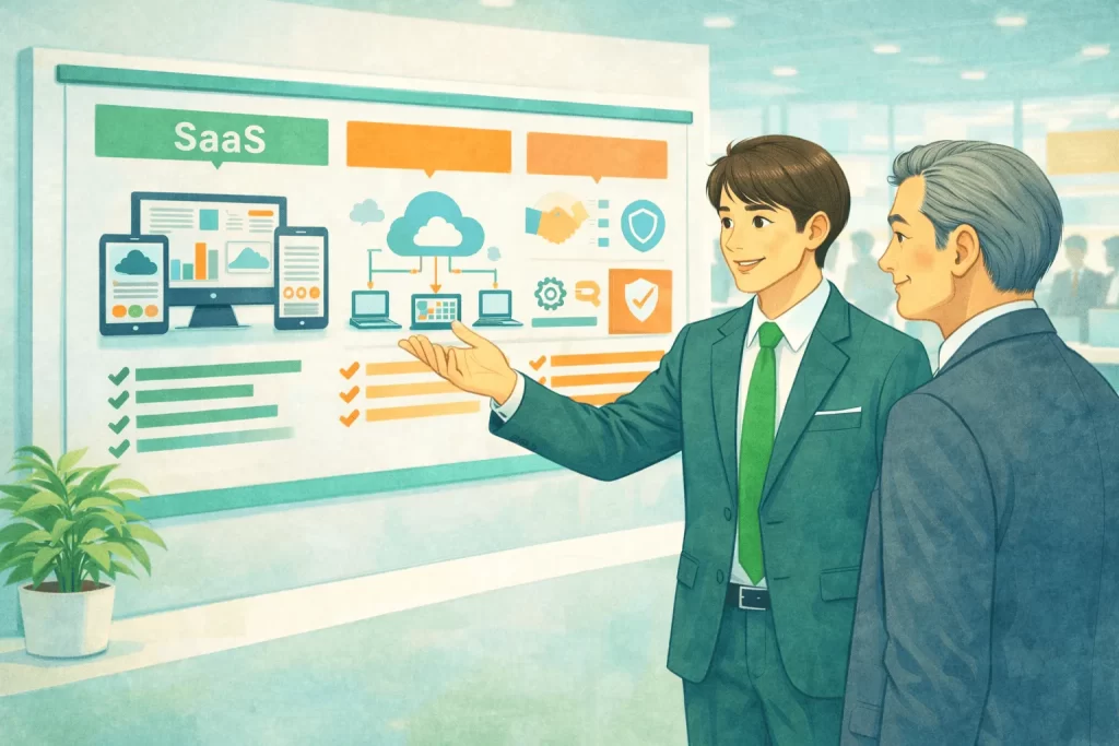 展示会ブースで商談している男性