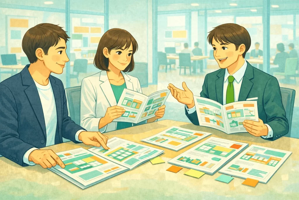 展示会ブース制作会社を比較する男性と女性