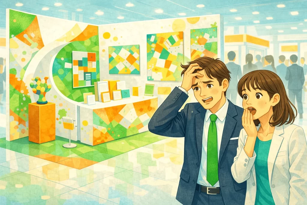 展示会ブース制作会社の失敗で驚く男女
