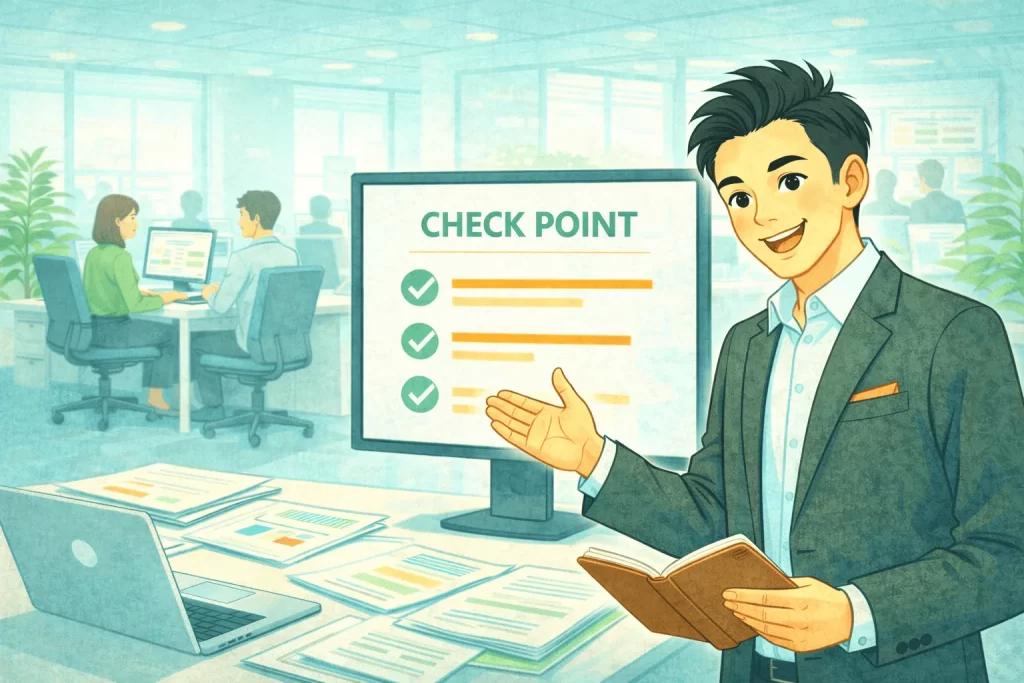 展示会ブース制作会社比較のチェックリストを紹介する男性