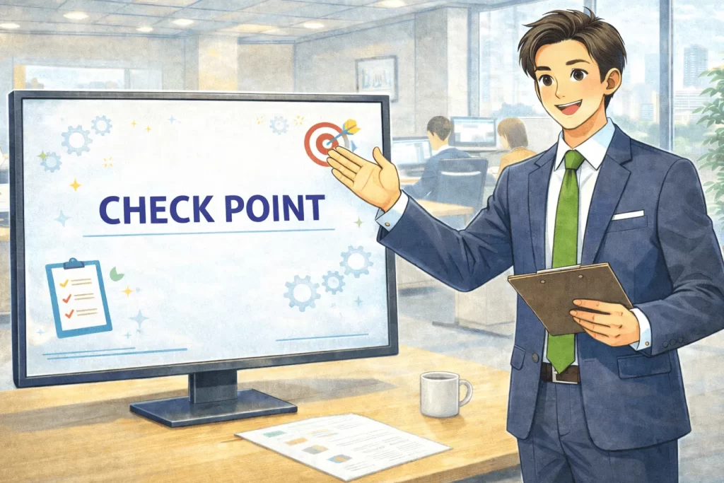 展示会施工会社比較時のチェックポイントを説明している男性