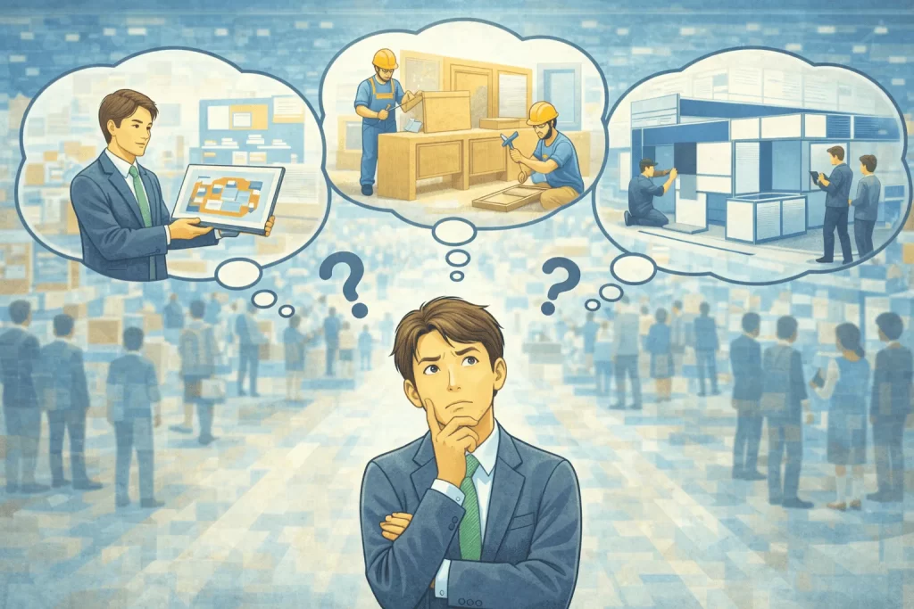 展示会ブースデザイン会社の違いに迷う男性