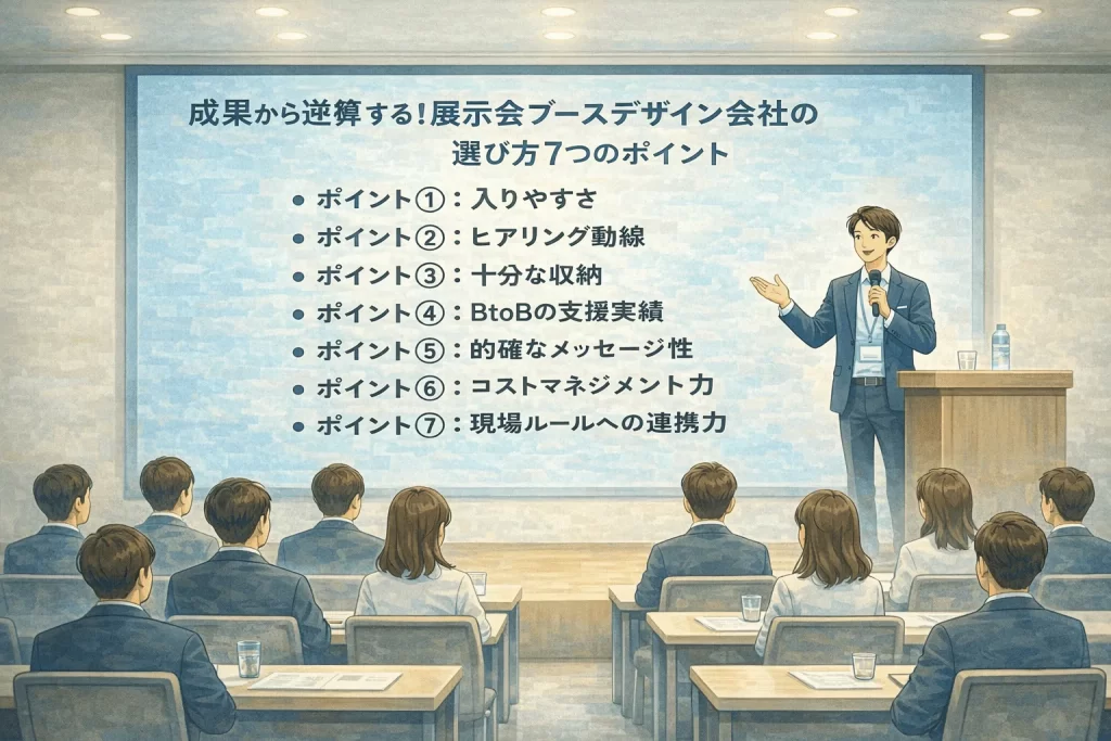 展示会ブースデザイン会社の選び方を解説している男性