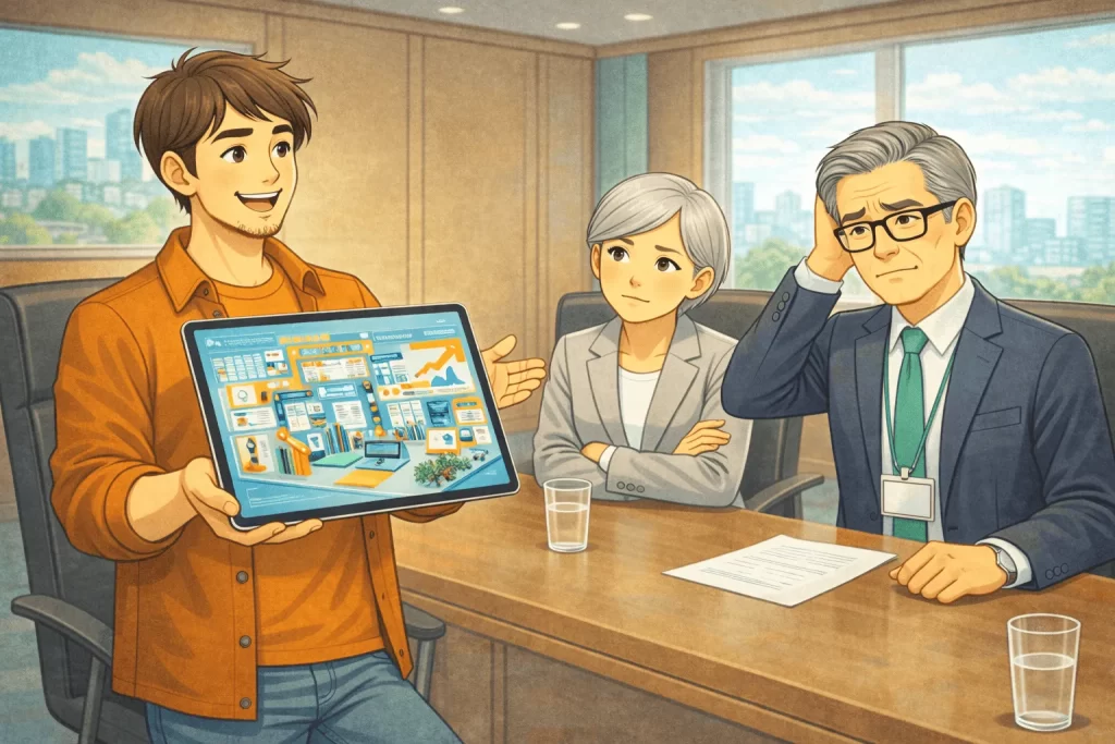 展示会ブースデザイン会社の失敗でとまどう男女