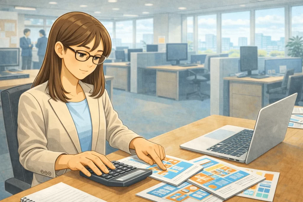 展示会ブースデザイン会社の費用を計算する女性