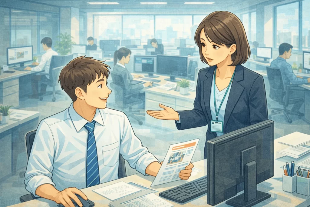 展示会施工会社の比較時の注意喚起をしている女性