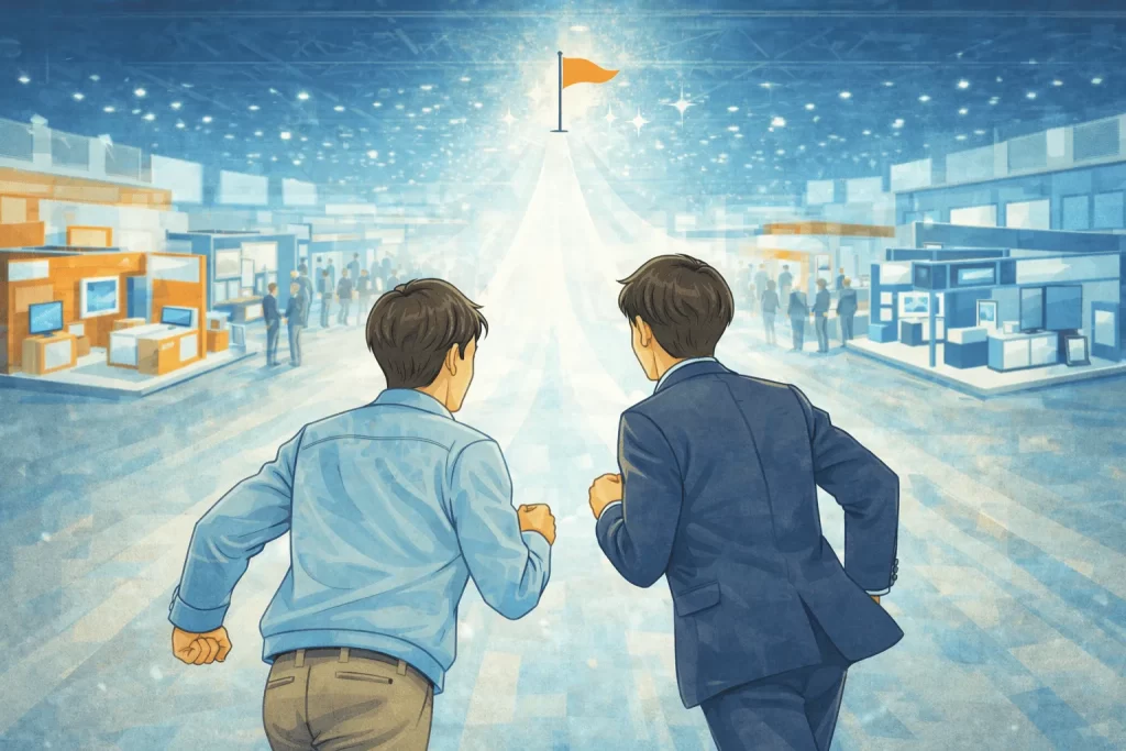 展示会施工会社と展示会担当が伴走しているイメージイラスト