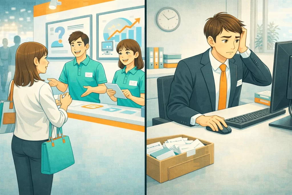 展示会施工の費用相場に関する記事。展示会フォローに苦戦する様子。