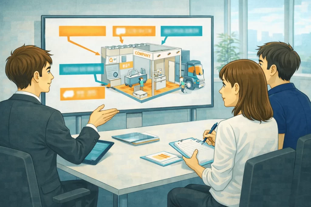 展示会施工の費用相場に関する記事。費用内訳を解説する様子。