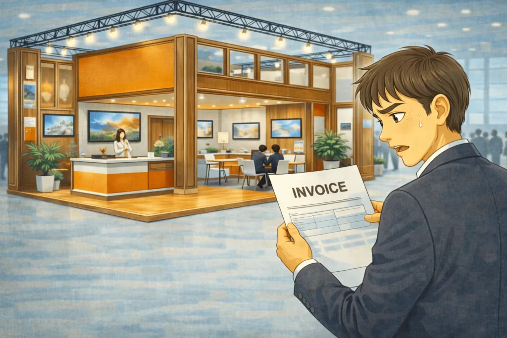 展示会施工の費用相場に関する記事。想定以上の費用に焦る男性。