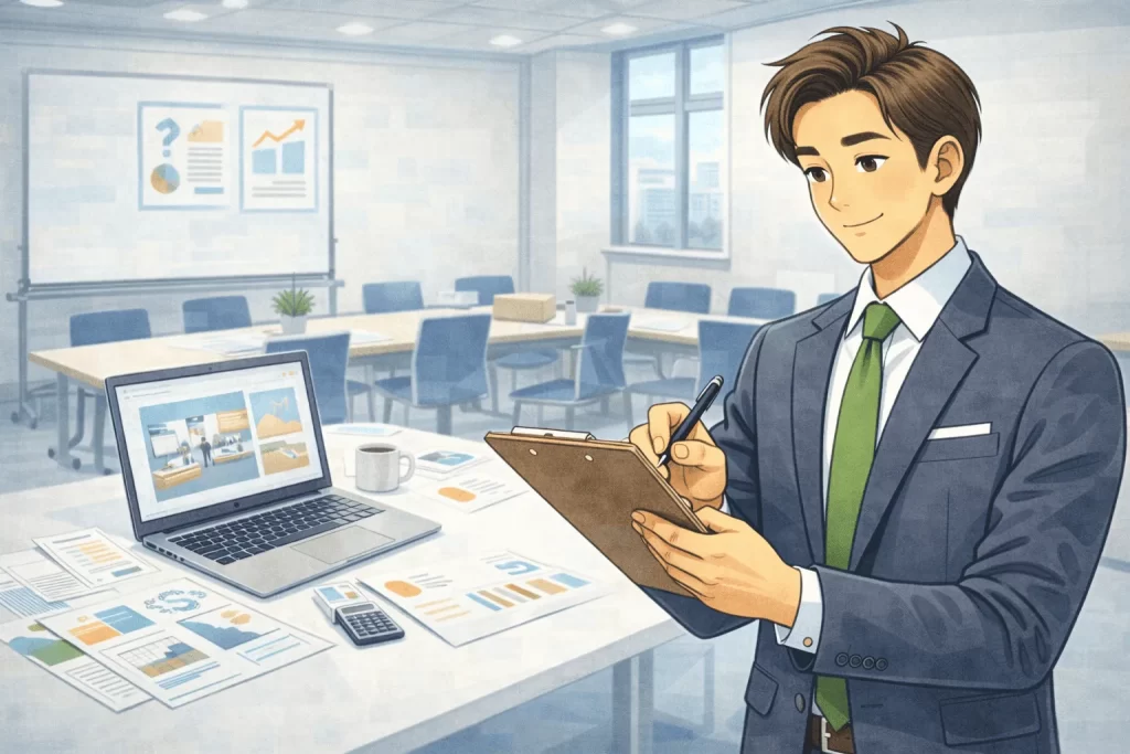 展示会施工の費用相場に関する記事。
費用相場のチェックをする男性。