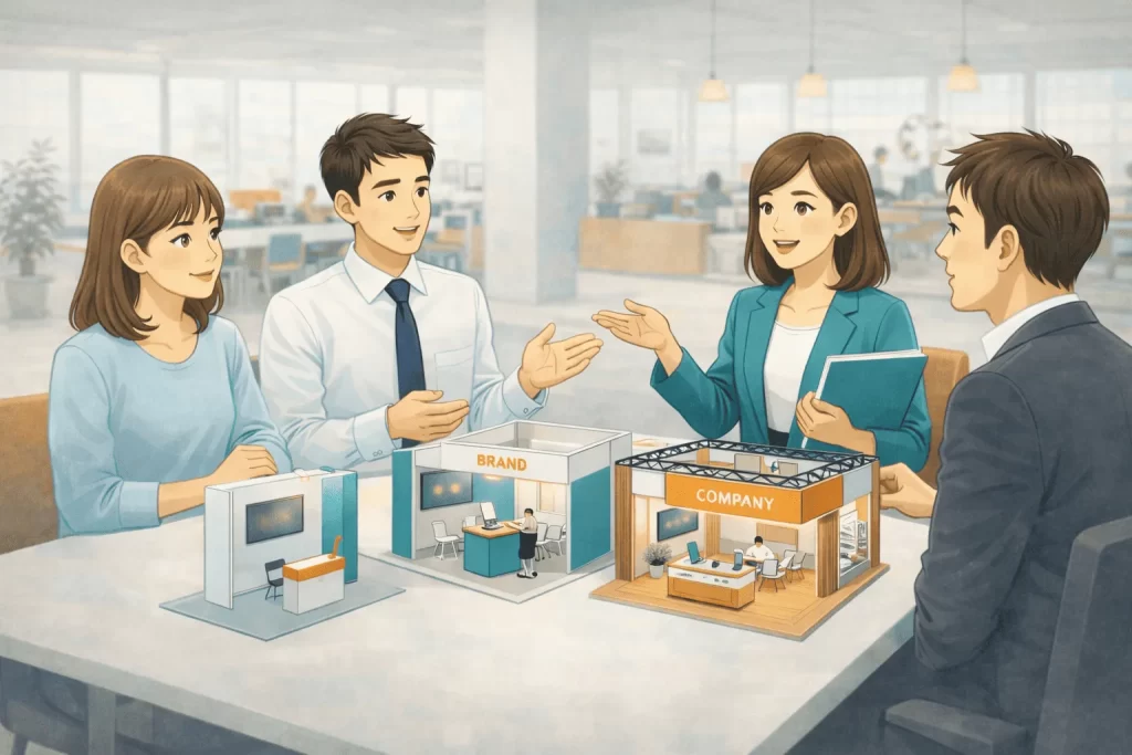 展示会施工の費用相場に関する記事。展示会ブースの選定会議の様子。