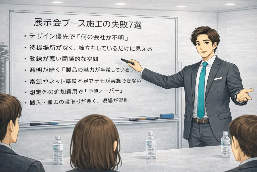 展示会施工の失敗7選を解説する様子