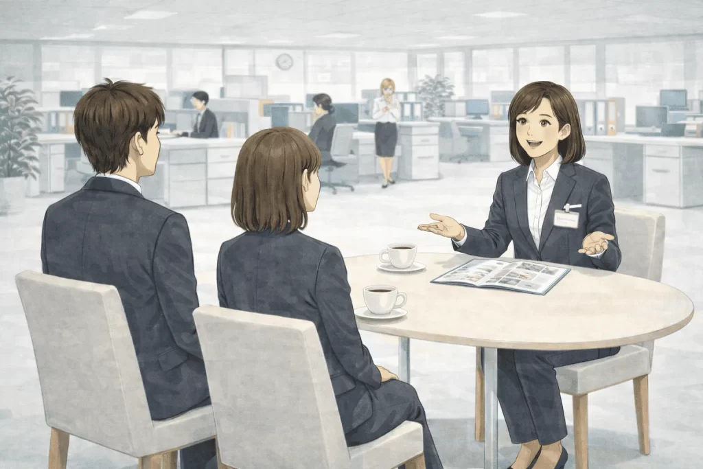 展示会施工の失敗を避けるため、施工会社の話を詳しく聞く様子