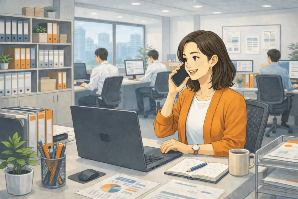 展示会ブースデザイン費用について、
デザイン会社に確認する女性