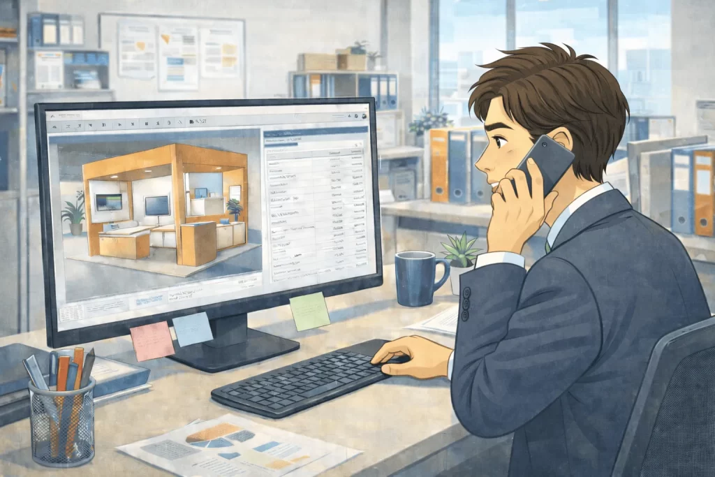 展示会ブースデザイン費用について、
クライアントからの問い合わせに対応する男性