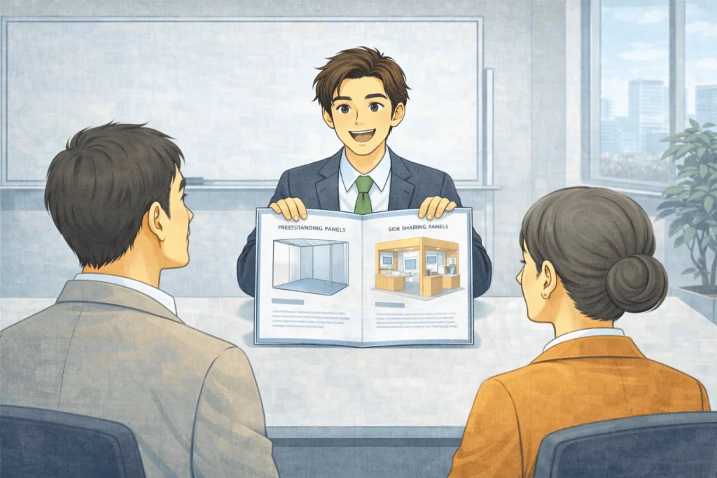 展示会ブースデザイン費用について、
小間数別の違いを解説する様子